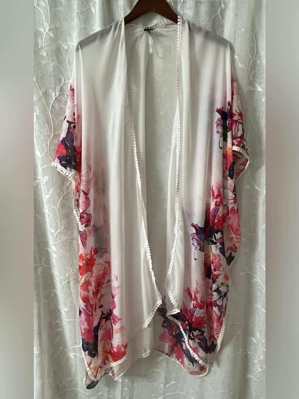 Kimono Floral Open-Front Cover-Up - White with Pink & Red Floral One Size